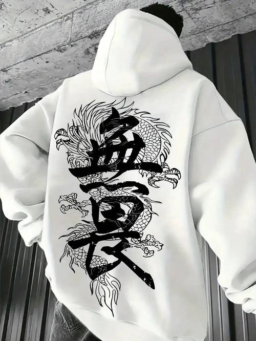 mens japanese street style dragon hoodie black white asian calligraphy print loose casual pullover polyester machine washable for