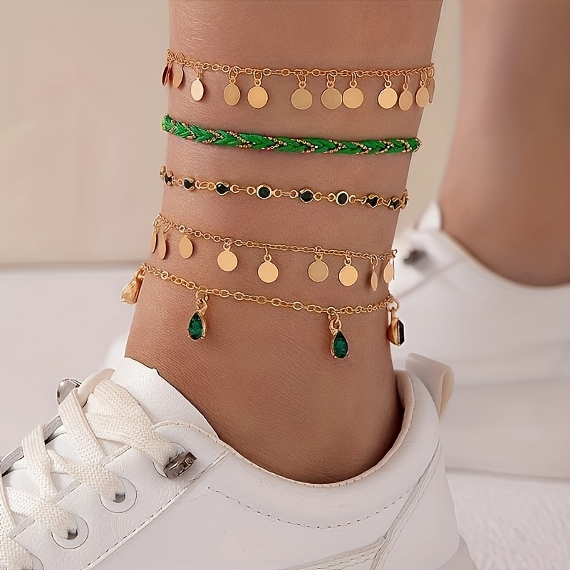 Image of 5pcs Set French Minimalist Fashion Personality Trendy -embellished Foot Accessories Green Geometric Disc Pendant Tassel Handmade Woven Anklet Set For Women