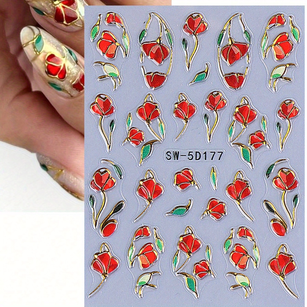 Image of 1pc 5d Embossed Summer Flower Petals Nail Stickers Self Adhesive Sliders Nail Art Decoration For Wedding Valentine Daily