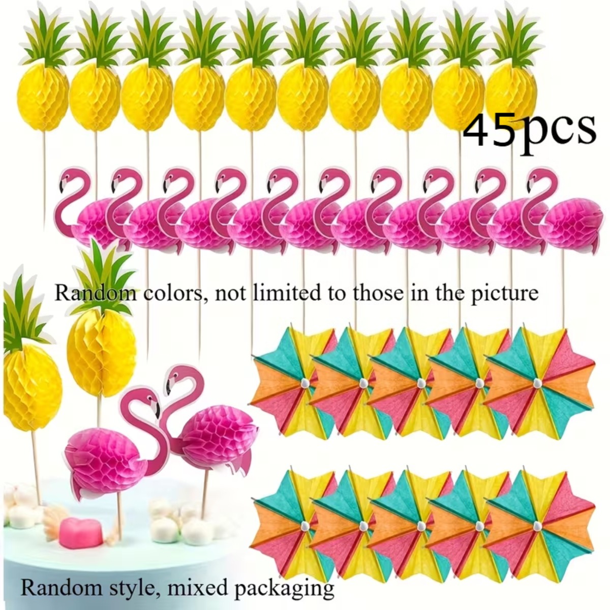 Image of 45pcs Assorted Tropical Picks, Mixed Style Flamingo Pineapple & Umbrella Honeycomb Toothpicks, Random Color Disposable Decorative Picks For Drinks, Cupcakes, Dessert Tables & Luau Party Supplies