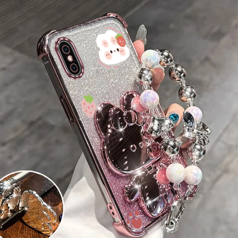 TEMU Phone Case: Pearl Wrist Strap Glitter Magnetic Cute Rabbit Phone Holder Case For Iphone Xs Max Iphonexsmax Anti-knock Shock Proof Stand Back