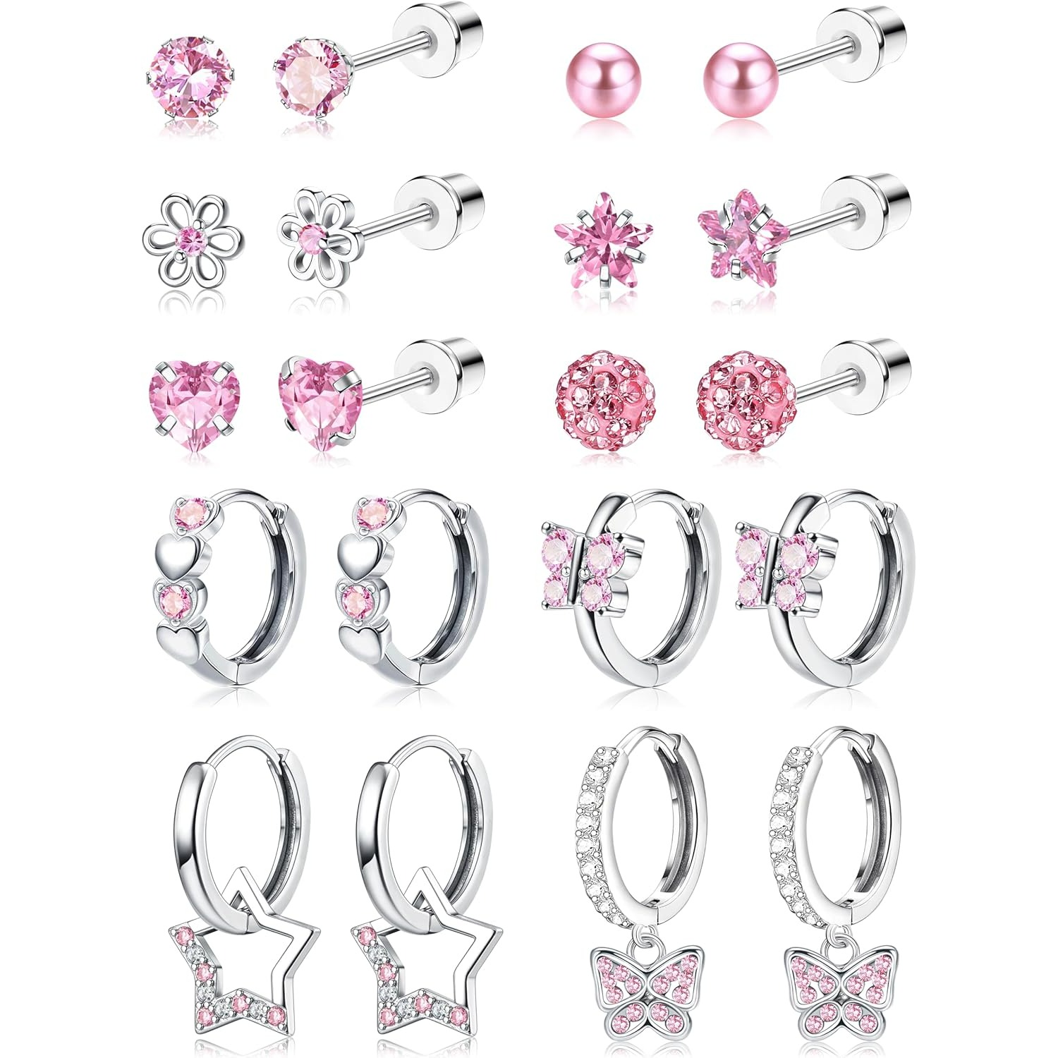 Image of 10pairs Earrings For Women Stud Hoop Earrings Set Surgical Steel Hypoallergenic Earrings Pink Heart Flower Screw Back Earrings Sleeper Earrings