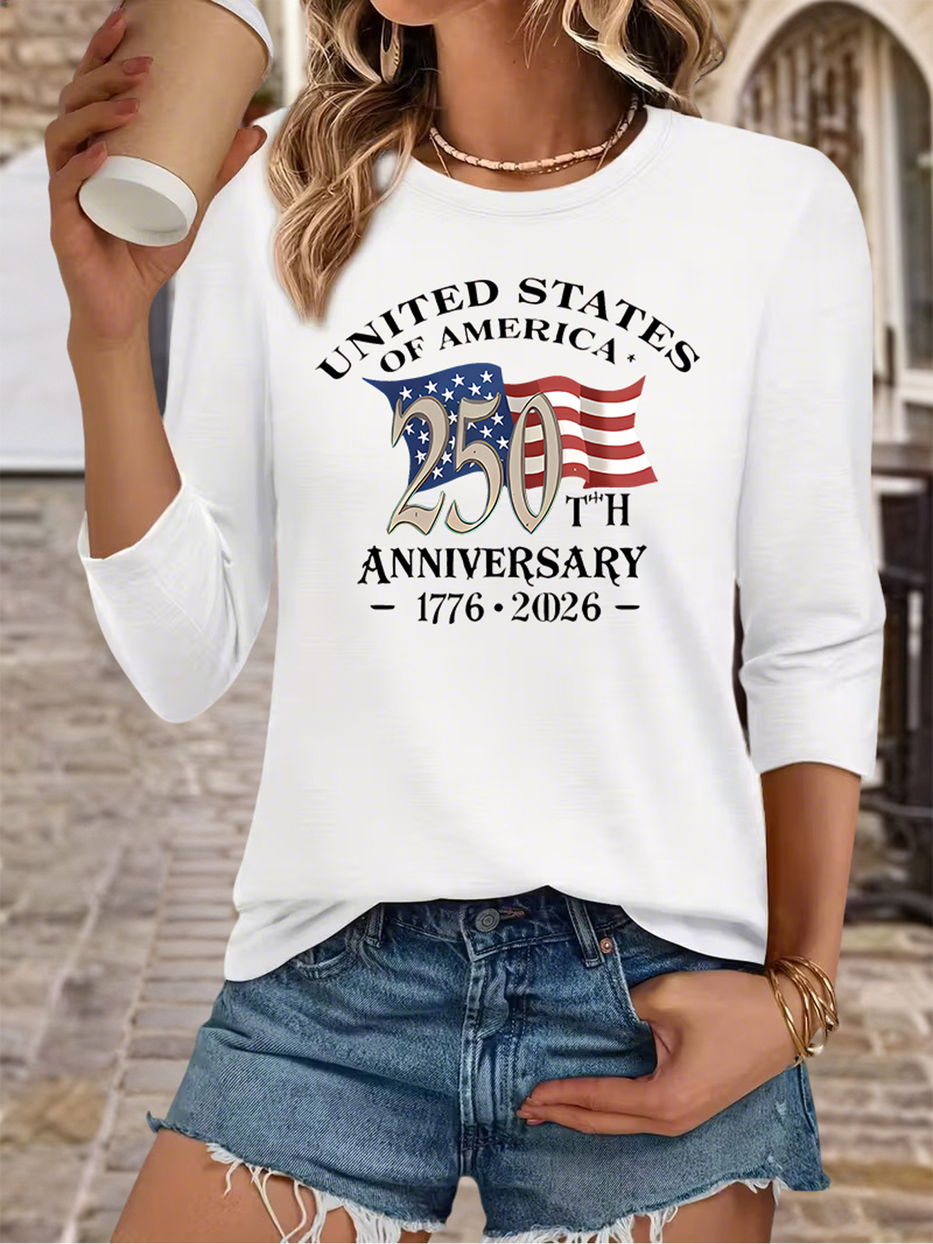 item picture womens usa 250th anniversary t shirt 1776 2026 soft breathable 3 4 sleeve crew neck top with   american flag   relaxed fit suitable for   july celebrations year round wear