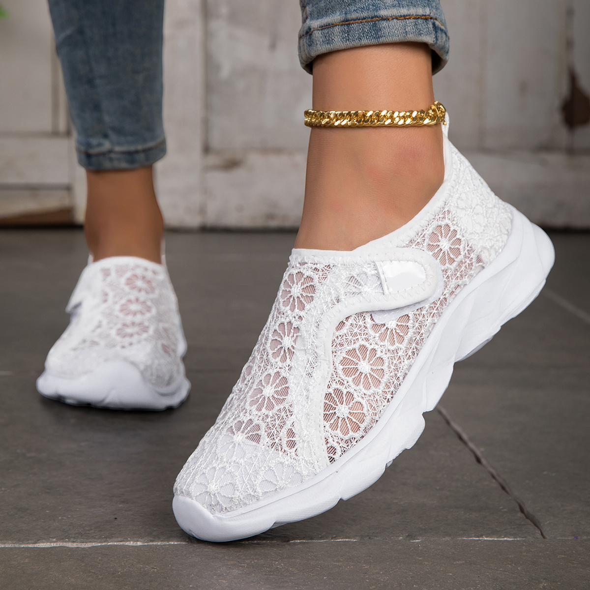 TEMU Summer Mesh Lace Breathable White Shoes, Slip-on Soft Sole Sneakers, Lightweight And Comfortable Casual Walking Shoes, Non-stuffy Mom Shoes