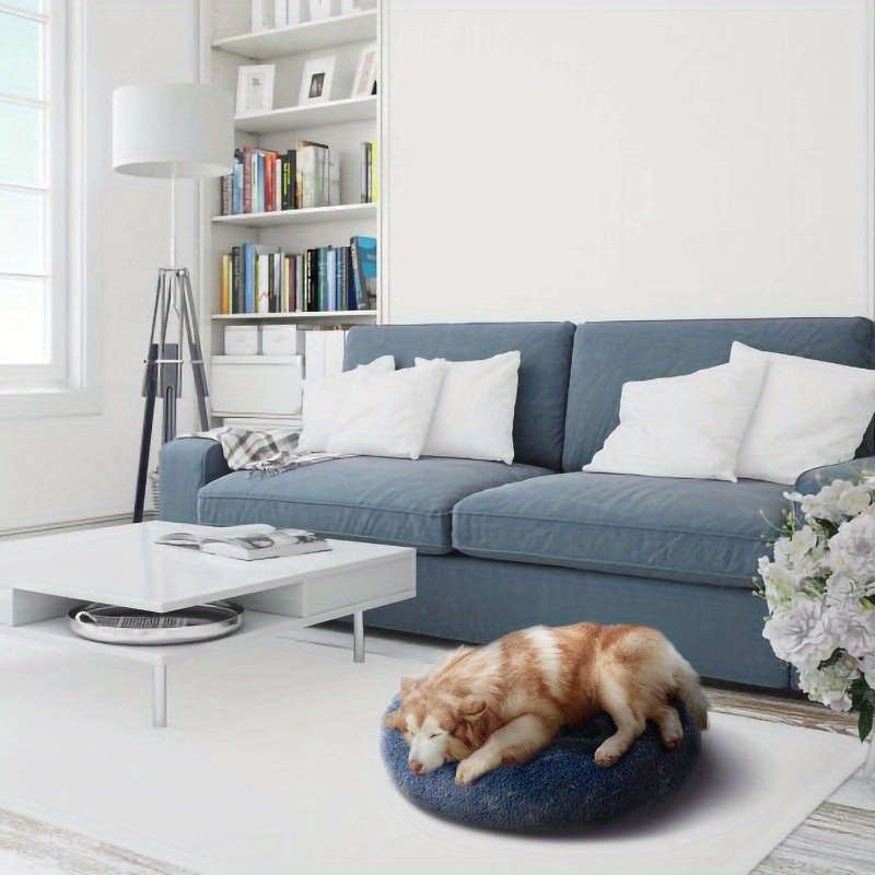 medium navy blue long     fur anti anxiety cuddler donut   bed with non slip bottom plush poly fill support machine washable cover for small to large pets up to 55lbs pet relaxation spot   furniture durable pet bedding Product details 0