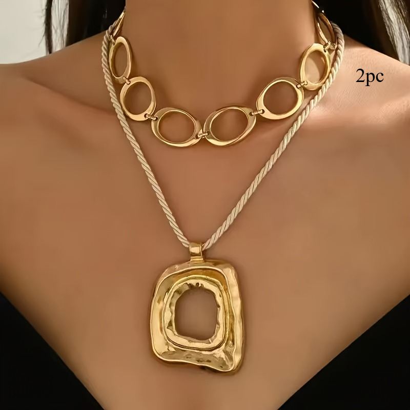Image of 2pcs Bohemian Elegant Irregular Hollow Oval Women's Necklace Collar, Suitable For Daily Wear At Vacation Parties