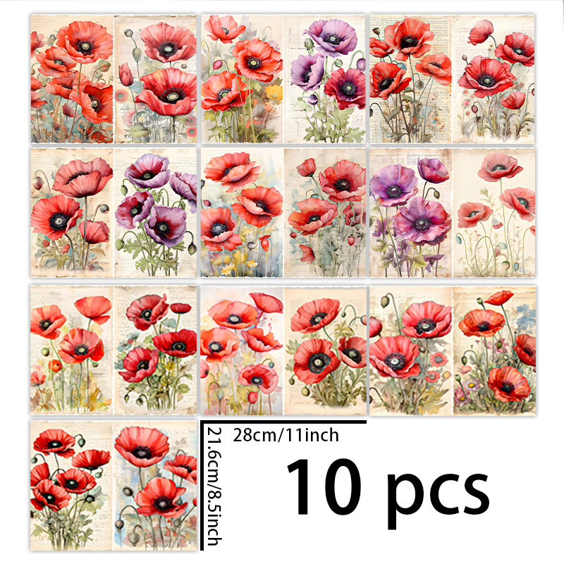 TEMU 1 set van 10 vellen (11*8,5 inch) rood groot klaproos bloemen achtergrondmateriaal voor decoratie, doe-het-zelf vintage dagboek, junkjournal,