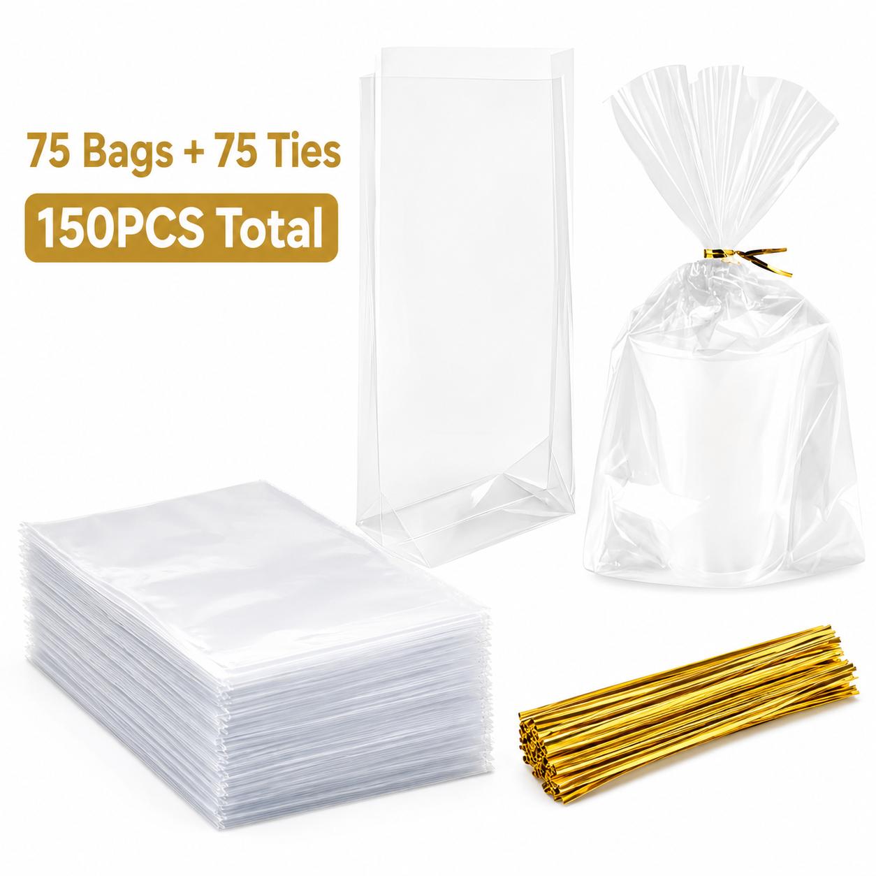 TEMU Set da 150 sacchetti regalo in cellophane con piatto /lui, 75 sacchetti + 75 legacci a spirale dorati, 3 misure incluse, sacchetti portaconfetti