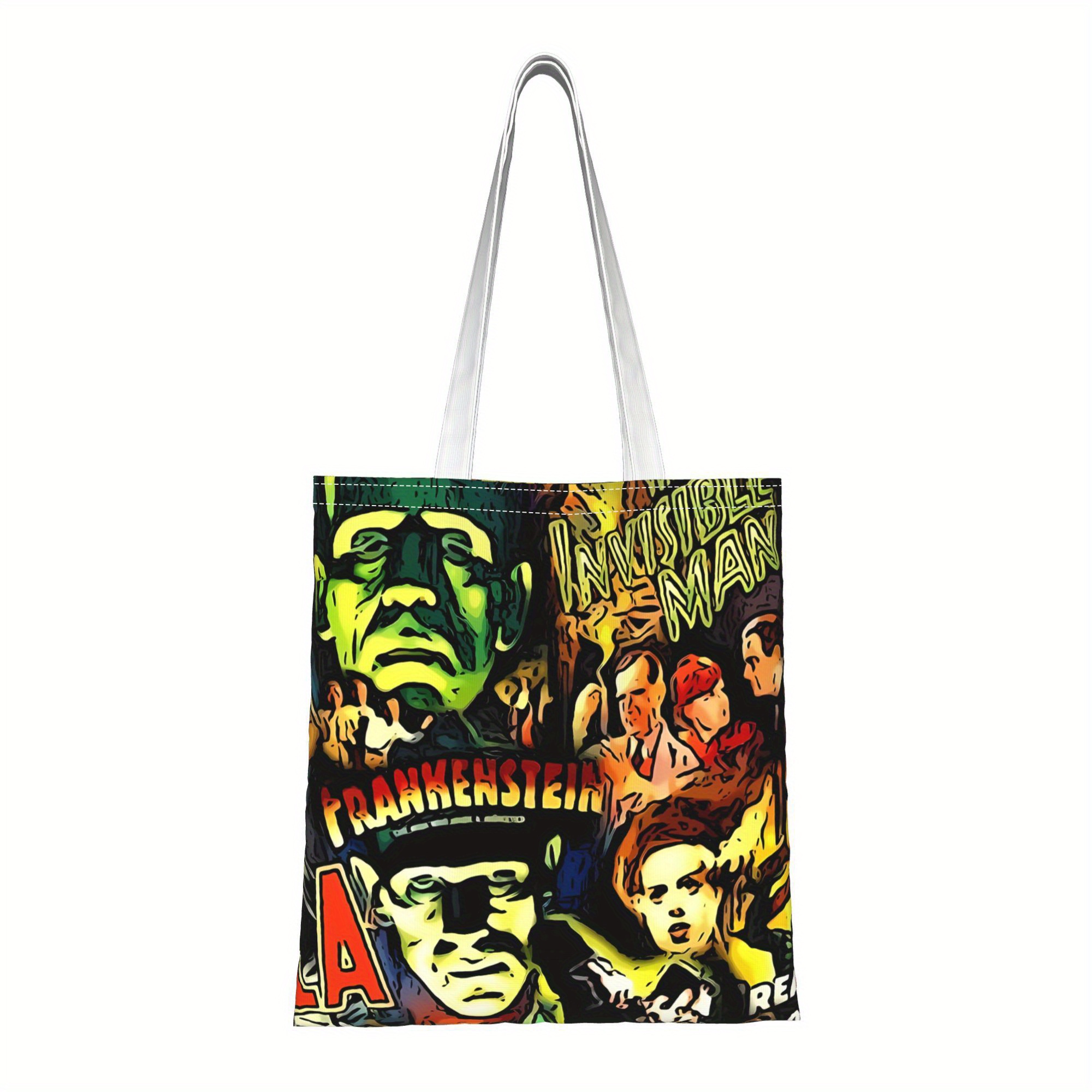 TEMU Monsters Movies Tote Bag - Monster & Classic Horror Art Print Reusable Shopping Bag With Sturdy Metal Handles, High-quality Grocery Bag For