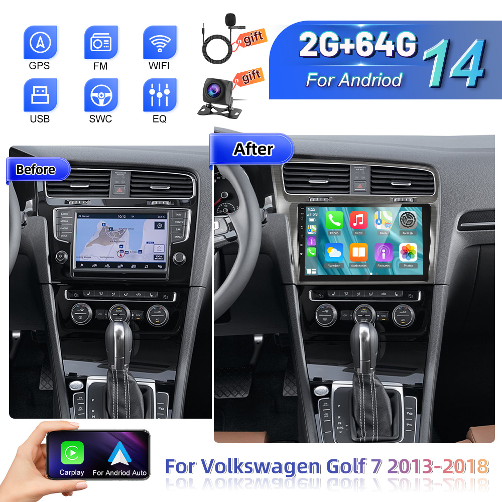 Image of 2g + 64g Stereo Radio Double Din For Golf 7 2013-2018 With , 10.1 Inch 2 Din Car Radio With Bluetooth/wlan/fm/eq/26 Ui/dual Usb + Car Frame+ Ahd Reversing Camera + Mic