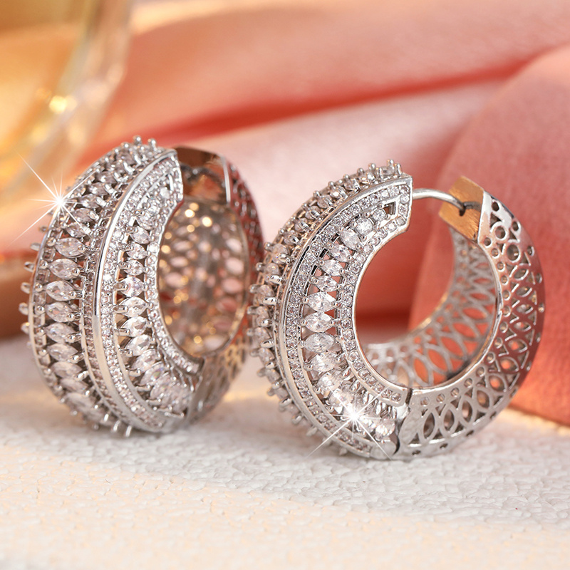 TEMU Luxury Inlay Shiny Marquise Synthetic Zirconia Hoop Earrings For Women Silvery Color Sparkling Statement Jewelry For Women Banquet Party Wedding