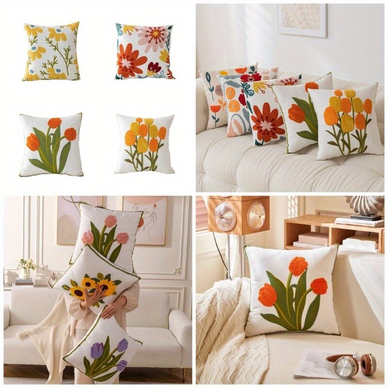 4 pack floral embroidered throw pillow covers double sided printed polyester pillowcases with zipper closure 4 unique vibrant floral patterns machine washable for living room bedroom sofa decor embroidered pillow covers home decor contemporary style durable fabric accent pillows stylish   Product details 2