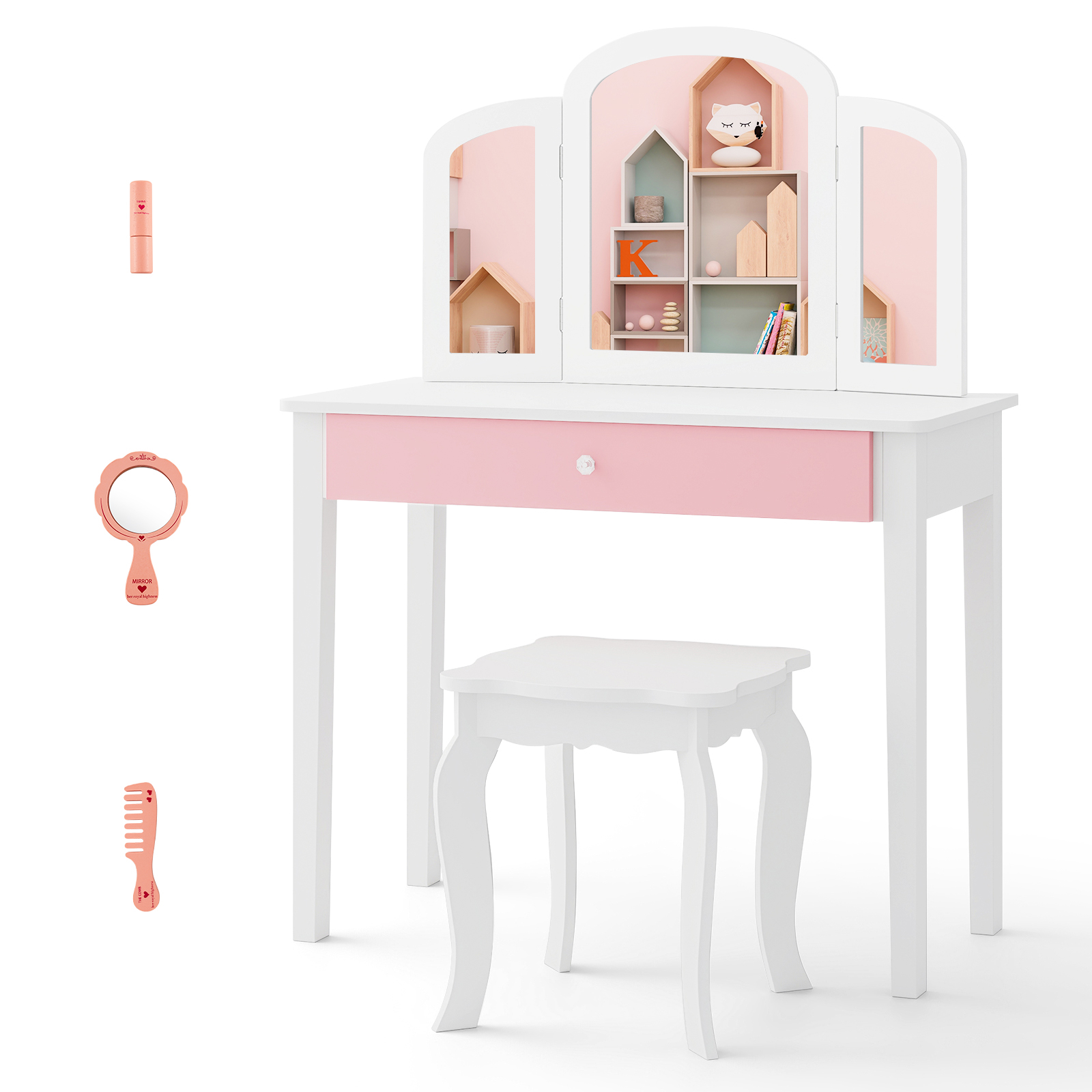 Image of 2-in-1 Kids Vanity Set With Stool, Princess Makeup Dressing Table With Mirror, Detachable Top & Large Drawer, Anti-tipping Device