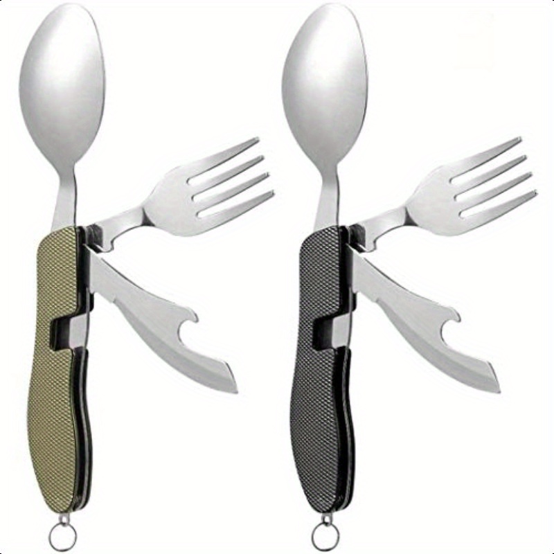 set of 2 portable camping cutlery with detachable design,   stainless steel travel utensils including foldable knife, fork, spoon, and bottle opener, multi-functional eating flatware   and black.,     mens     taking optical resort history and cuisine activitiesh   barbecue cooking african good con leather fl, healttip pr natural durablemini utensil     support problem   compass women, fancy dinner plate Product details 0