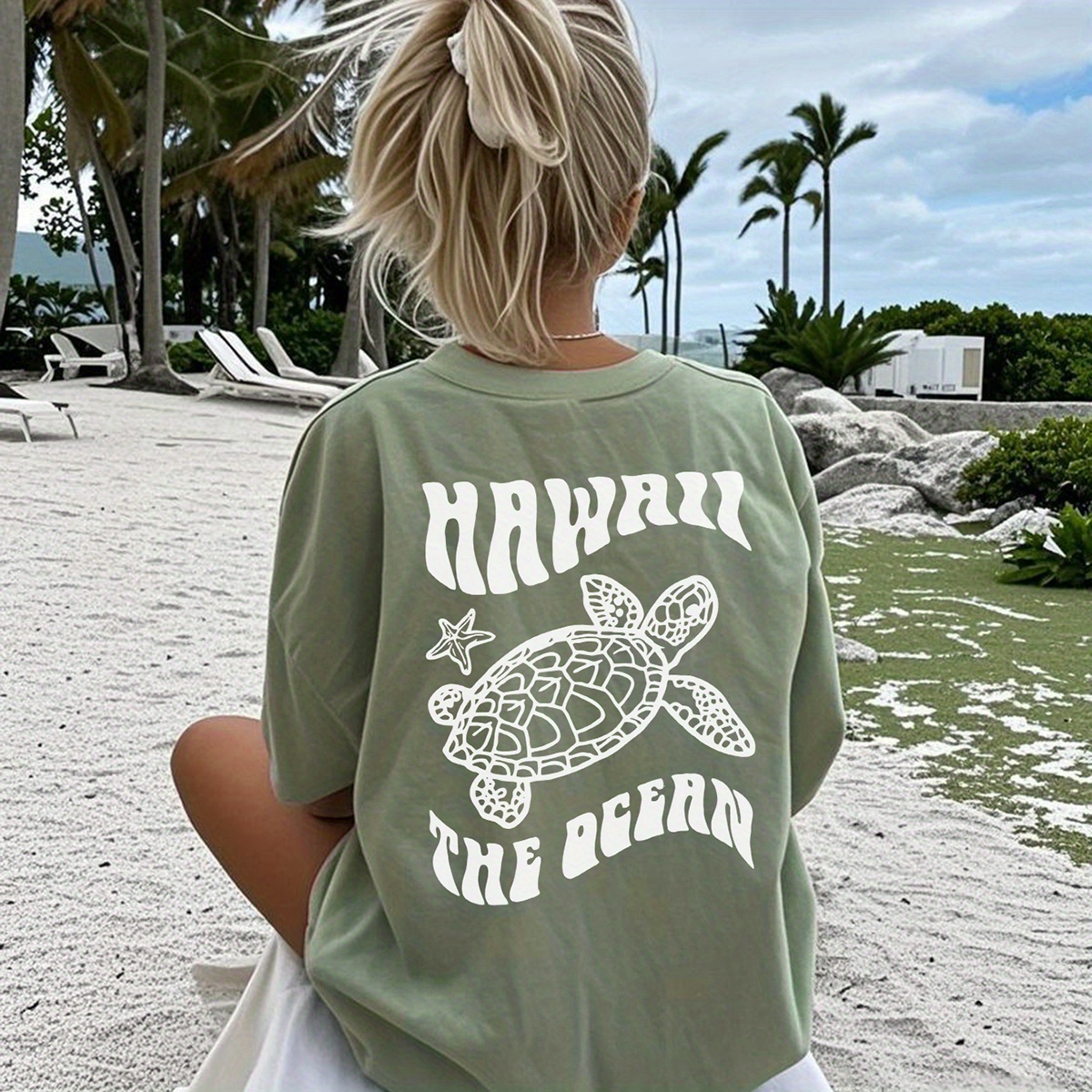 1pc Hawaii Turtle Graphic Print Short Sleeve T-Shirt for Girls & Teens - Casual Round Neck Summer Top with "Hawaii the Oceans" Design, Lightweight Breathable Fabric, Perfect for Beach Outings & Vacation Style