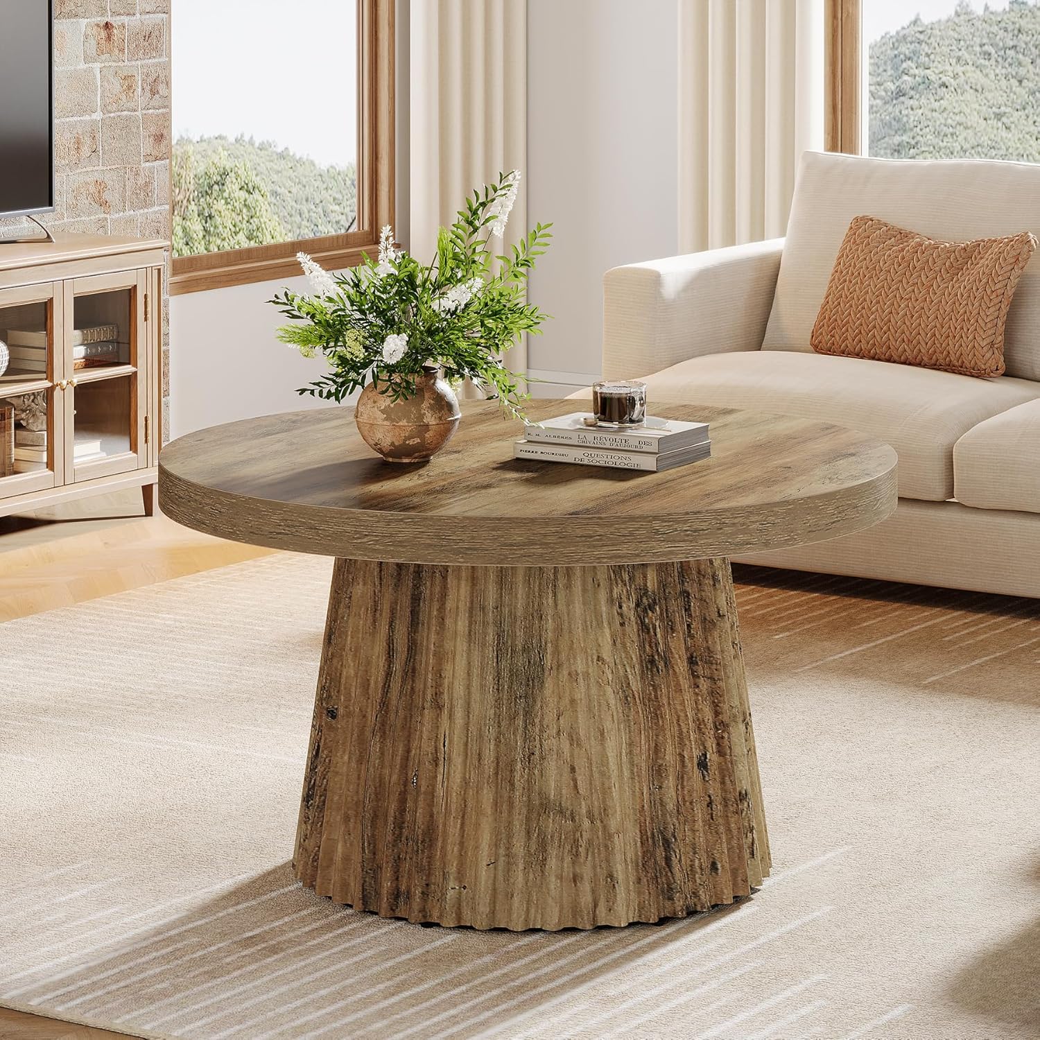 Round Coffee Tables For Small Spaces, Featuring A Fluted Drum Base And A Mid-century Modern , Measuring Inches, Perfect For Living Rooms And Apartments In A Brown End