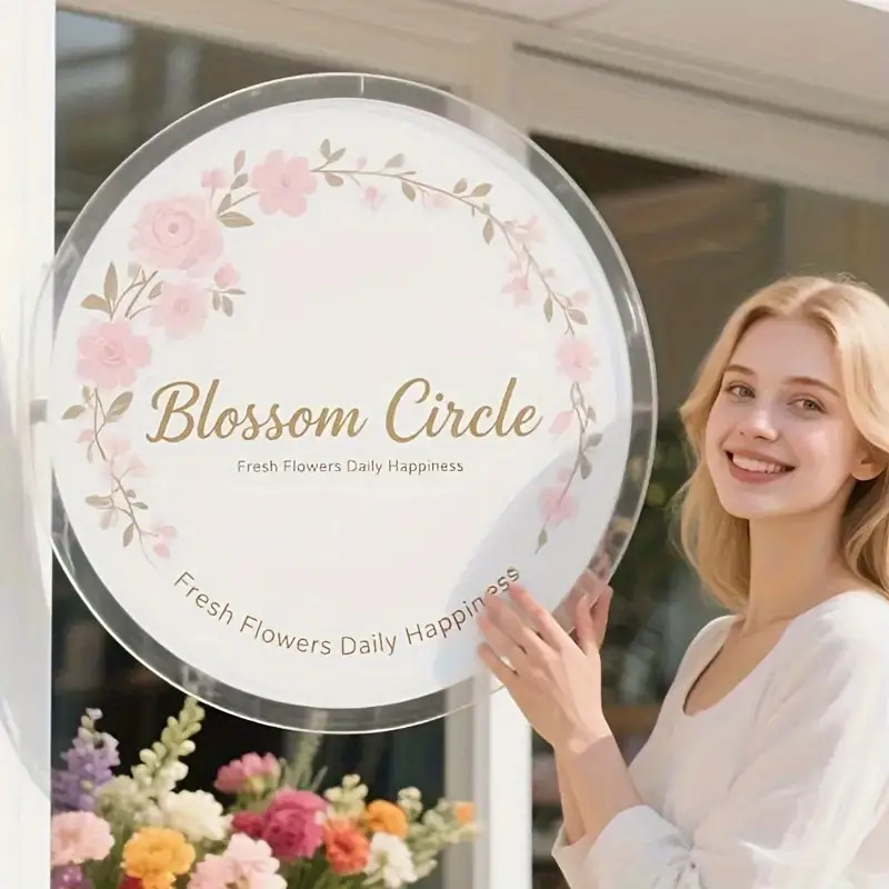 E-shop Anpassbares rundes Acryl-Geschäftszeichen - Rosa Rosen und grüne Blätter, florales Design, personalisierter Unternehmensname und Slogan, kein