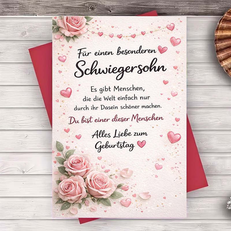E-shop Eine romantische Geburtstagskarte mit rosa Rosen und Herzen, begleitet von einem Umschlag, ideal zum Ausdruck von Liebe und Dankbarkeit an einen