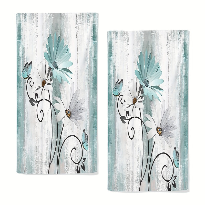 

2-pack Modern Turquoise & White Floral Kitchen Towels, Soft Absorbent Polyester Dish Cloths, Cartoon Daisy & , Machine Washable Square Towels For Home Use