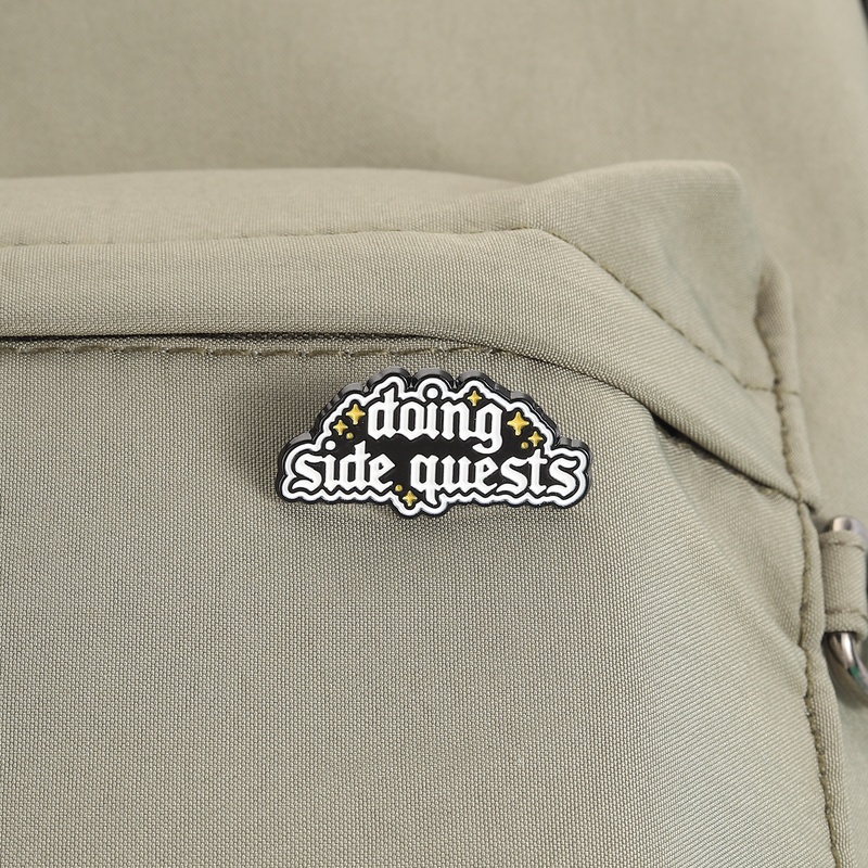 Unique Retro Side Quests Brooch, Text Badge for Clothing