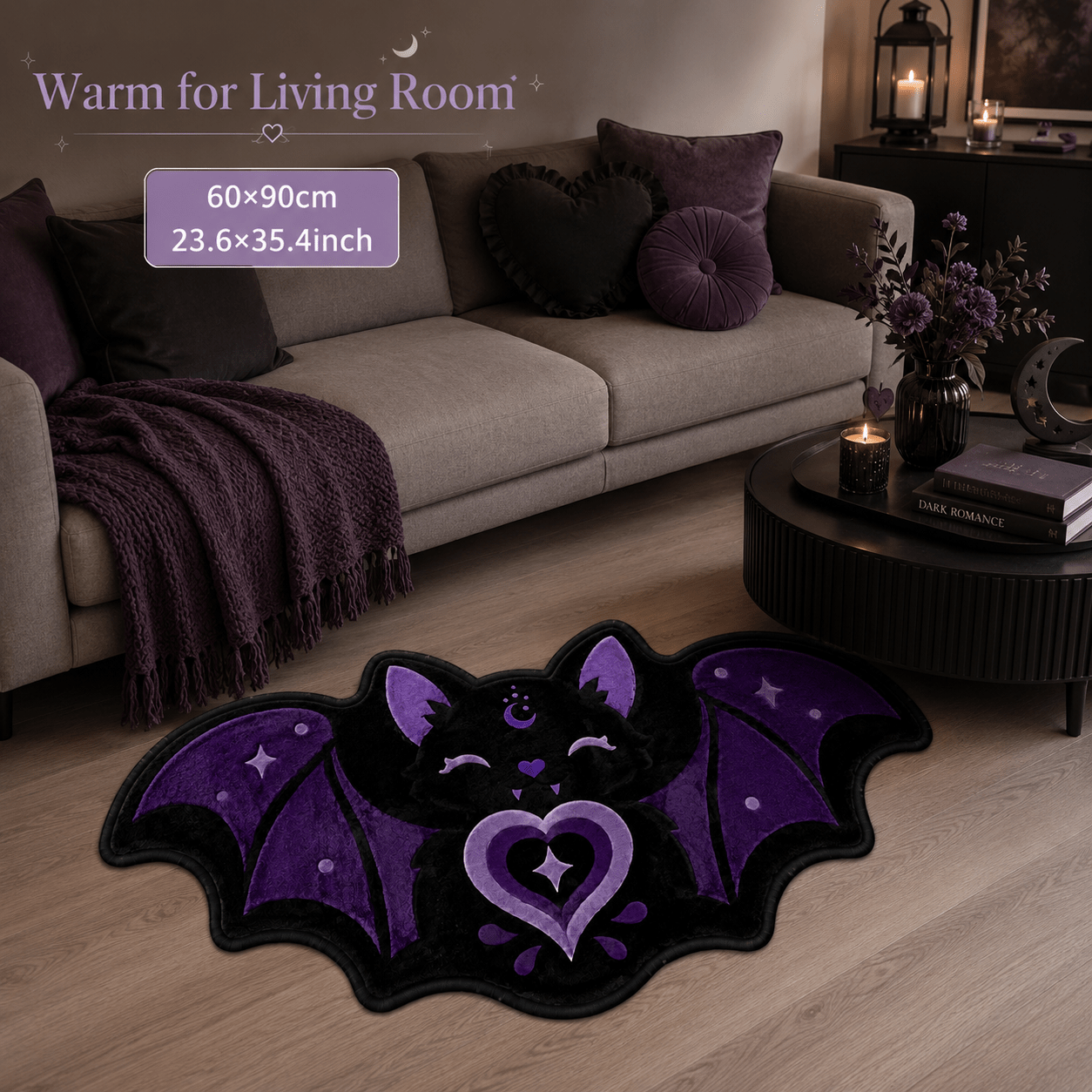 TEMU 1 tapis de porte en velours 850G/M2, violet et noir, étoile, cœur, chauve-souris, , en peluche, style gothique , dessin animé, antidérapant,