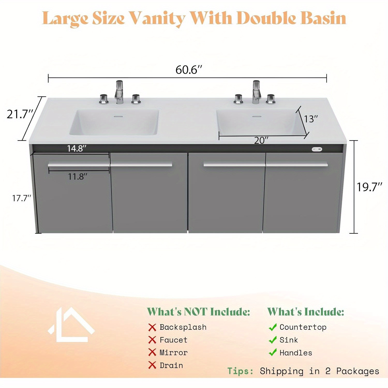 led floating bathroom double vanity with sink combo modern high gloss wall mounted bathroom storage cabinet with 3 hole sink metal handles soft closing doors Product details 2