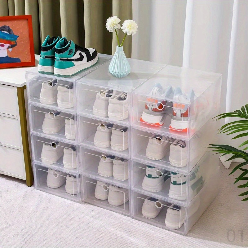 6 clear plastic shoe boxes, folding shoe cabinets, multifunctional design, thickened plastic, not waterproof,  , dustproof integrated shoe storage,   shoe rack for bedroom,  , bathroom, office, living room, home storage details 0