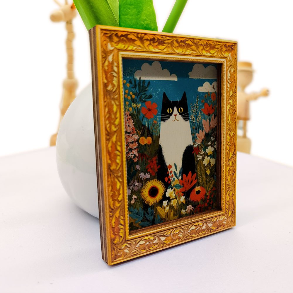 TEMU 1pc Wood Cat Magnet Suitable For Fridge, & White Kitten Picture With Flower Frame - Base For Notes, Kitchen Decor, Fridge Magnets For Home,