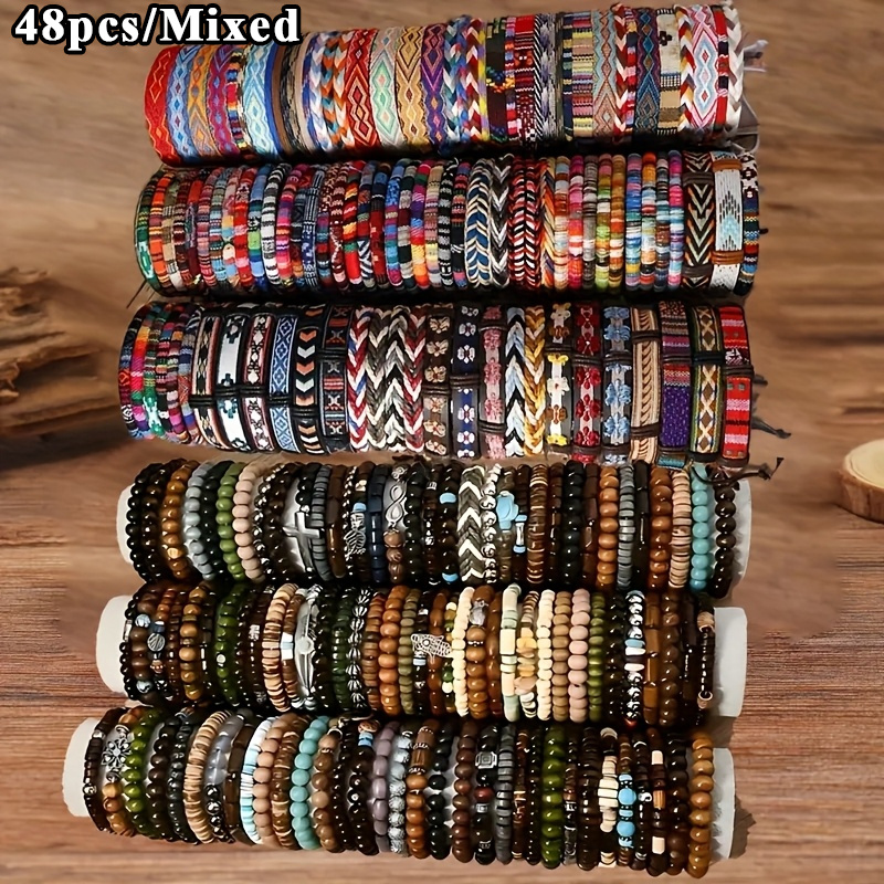 TEMU Christmas 48pcs Party Bracelet Packs, Handmade Wooden Bead & Fabric Cord Bracelets | Mixed Color Bohemian Braided Woven Stackable Jewelry For ,