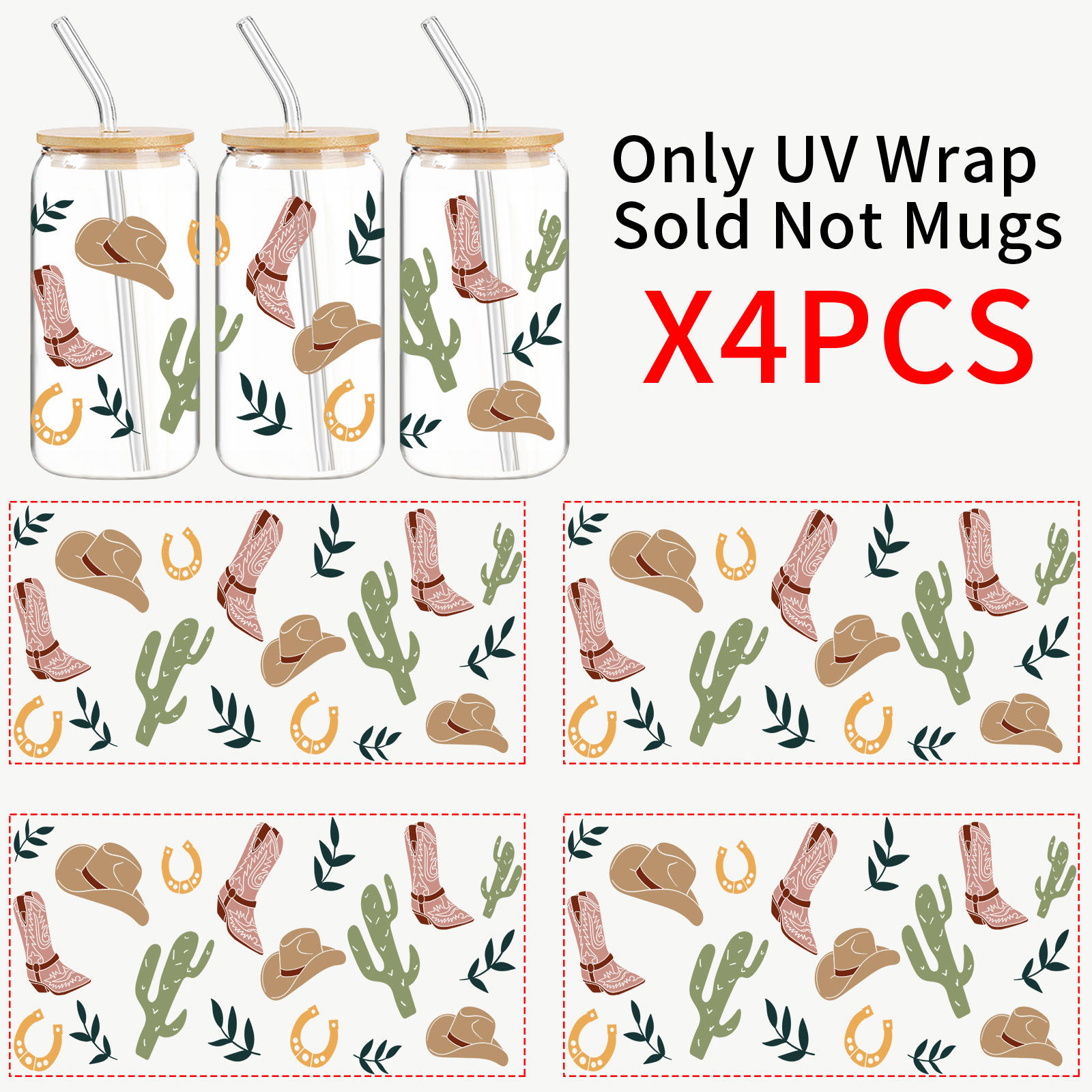 TEMU 4 pièces/set d'autocollants transfert UV DTF, chapeau, bottes, cactus, adaptés pour verres, bouteilles, autocollants pour verres, autocollants