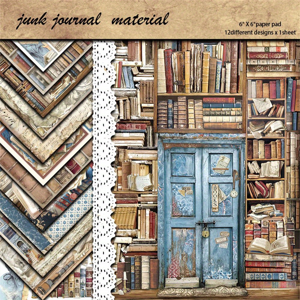 12 Large Sheets Of Vintage Library-themed Paper For Journal Decoration, Projects, And Student Stationery Arts And Crafts
