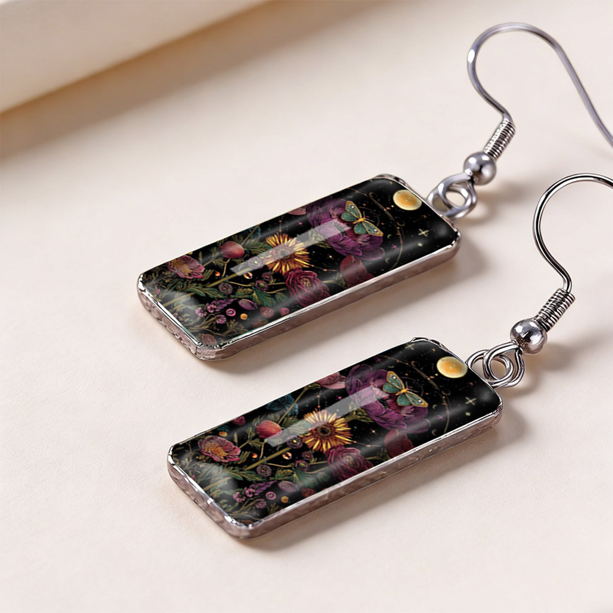 Women's Serene Night Sky Daisy Bush Rectangular Earrings with Butterflies