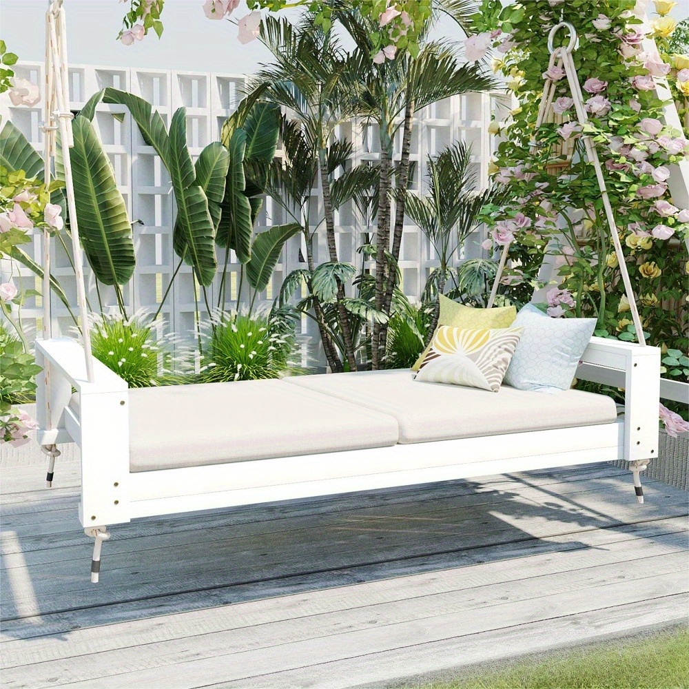 Garden seating. Swing chair. Double-sized porch swing bed seating set with hemp rope swing frame, suitable for gardens and backyards. Minimalist rustic style, ideal for courtyards and gardens. Mattress sold separately.
