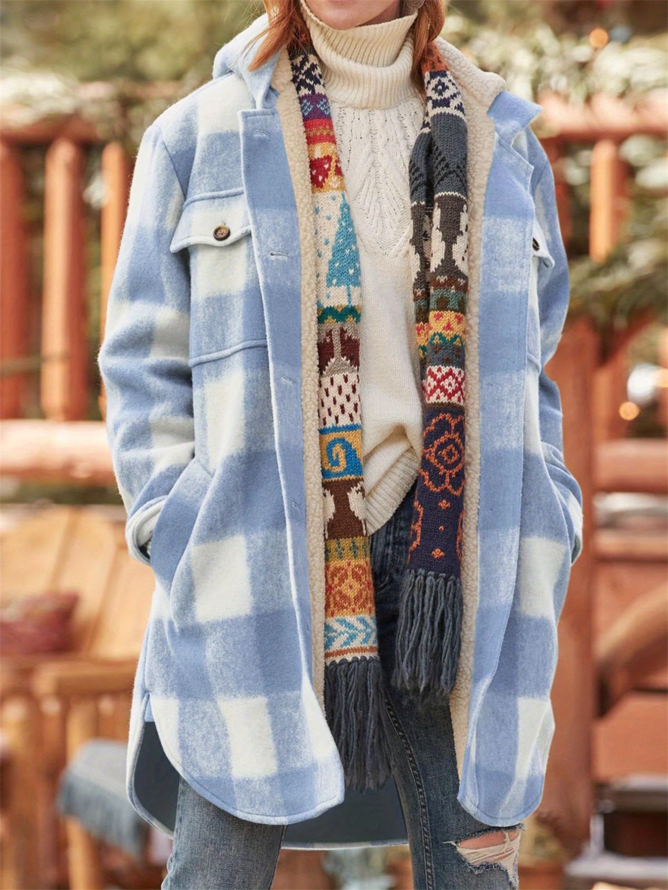 womens long hooded shacket cozy flannel button jacket Temu