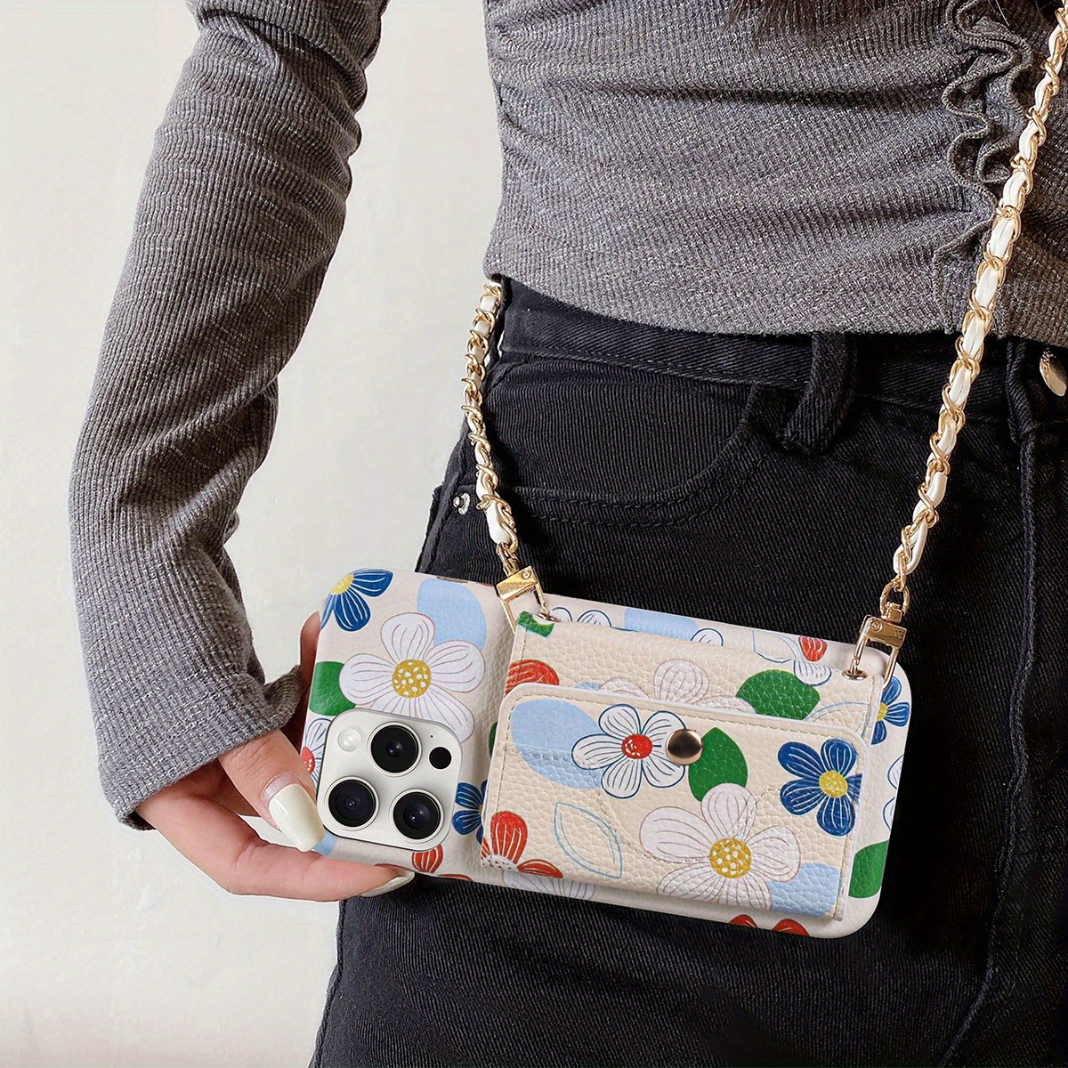TEMU Phone Case: Fashionable And Simple Pu Leather Flower Cover For Iphone 16e/ 11/ 12/ 13/ 14/ 15 Long Lanyard Card Holder