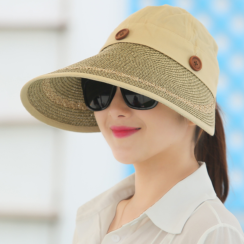 E-shop Neue Hüte Damen Weite Breite Krempe Sommer Strand Sonnenhut Strohhut Knopf Mütze Sommerhüte für Damen Sonnenblende Damen