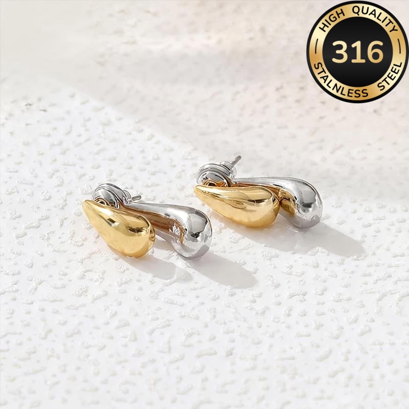 Women's Hypoallergenic Two-Tone Golden Silver Teardrop Stud Earrings