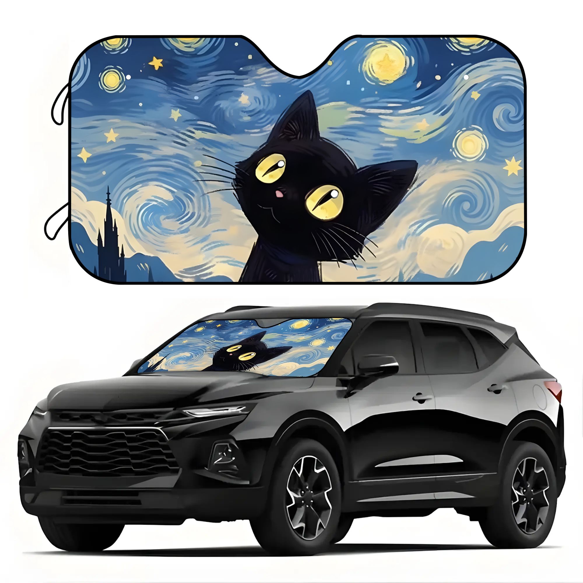 TEMU Sunshade Featuring A Black Cat Under Van Gogh's Starry Night, Designed Your Windshield From And Scratches While Providing A Cooling Effect