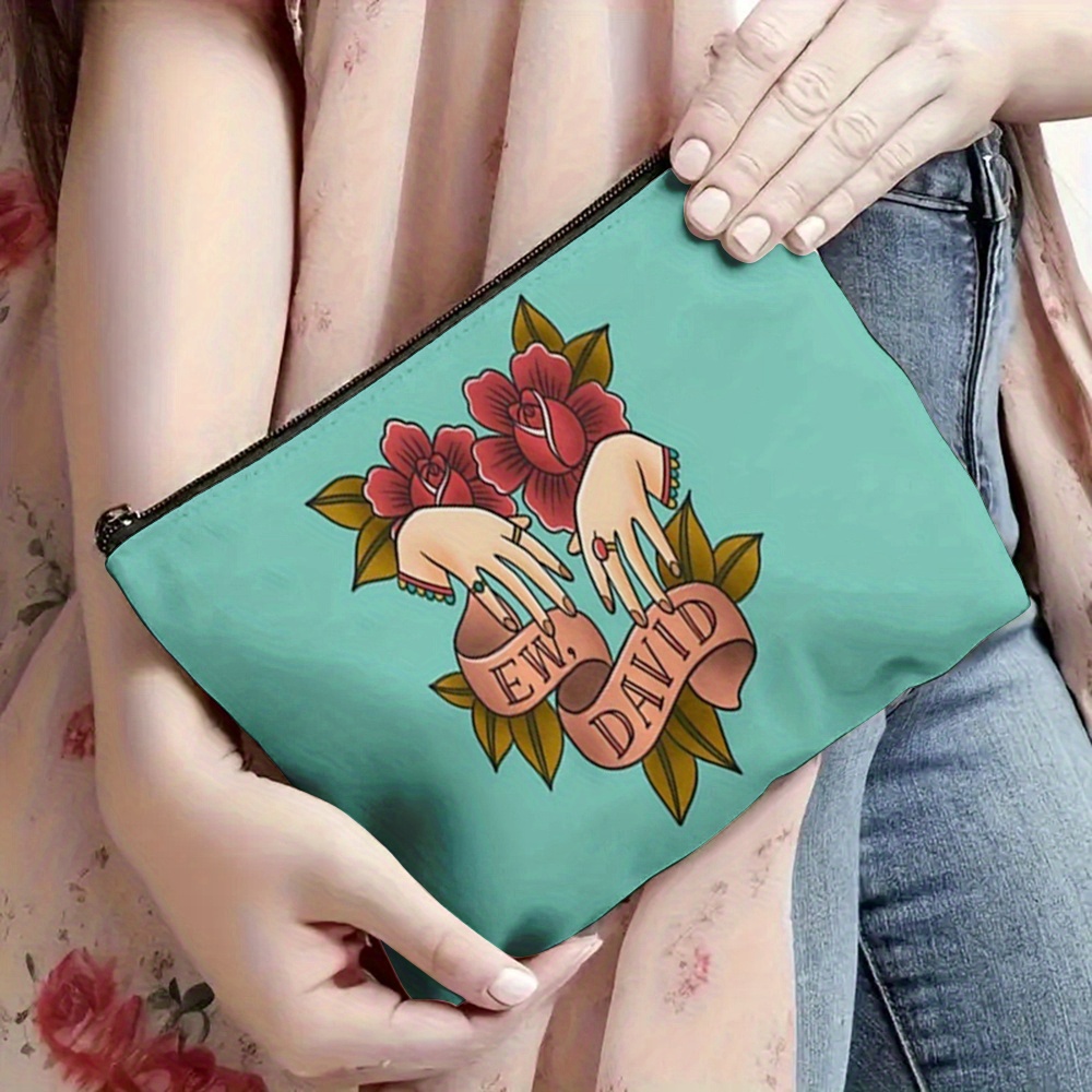 1pc hellodarlin Schitt s Creek EW, DAVID Makeup Bag - Turquoise Floral,   Rose Inspired Cosmetic Organizer, Toiletry Travel Bag for Women, Fans Gift from Schitt s Creek - Compact &   Interior