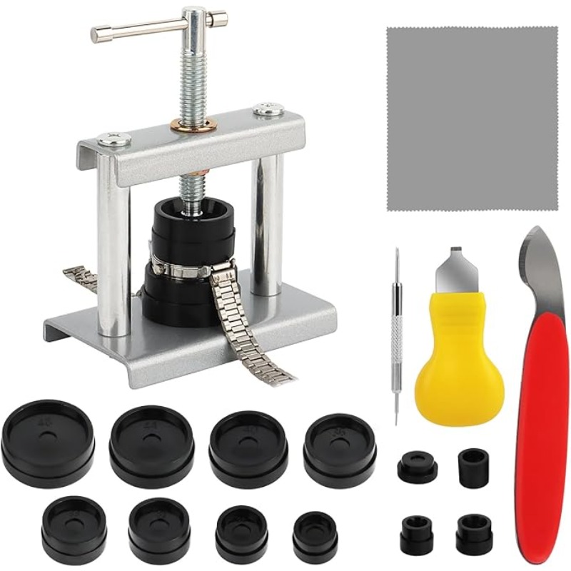 Image of Watch Pressing Tool With 12 Molds & Screwdriver, Manual Case Back Closer Kit, 2 Case Clips, Heavy Duty Metal Construction, Adjustable Die Set For Watch Repair, Maintenance