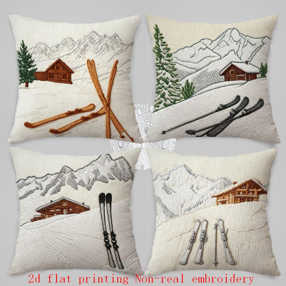 TEMU 2d Flat - Set Of 4 Christmas Pillow Covers Featuring A Design Of A Ski , Printed On In 2d, Measuring 17.72 X 17.72 Inches (45cm X 45cm), With A