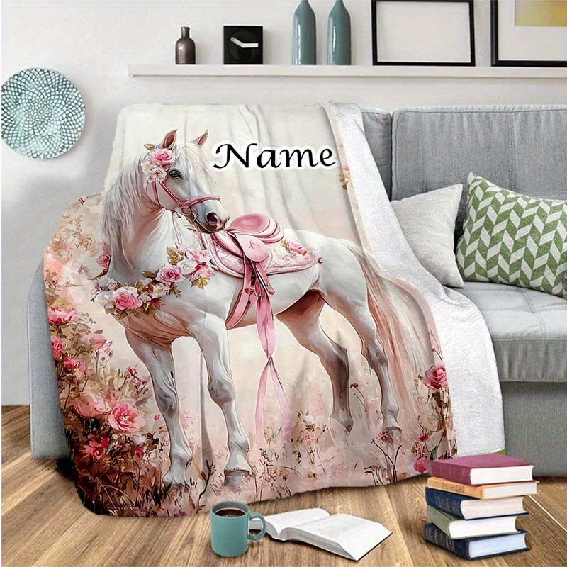 TEMU Couverture Personnalisée avec Nom 1pc - Motif Blanc dans Mon Rêve, Style Français à Fleurs et Chevaux, 100% Polyester, 200-250g/m², Douillette