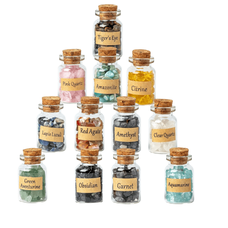 TEMU 12pcs/set Glass Bottles With Assorted Natural Crystals & Mineral Chips - Decorative Stone Set For Home, Office & Gift Display