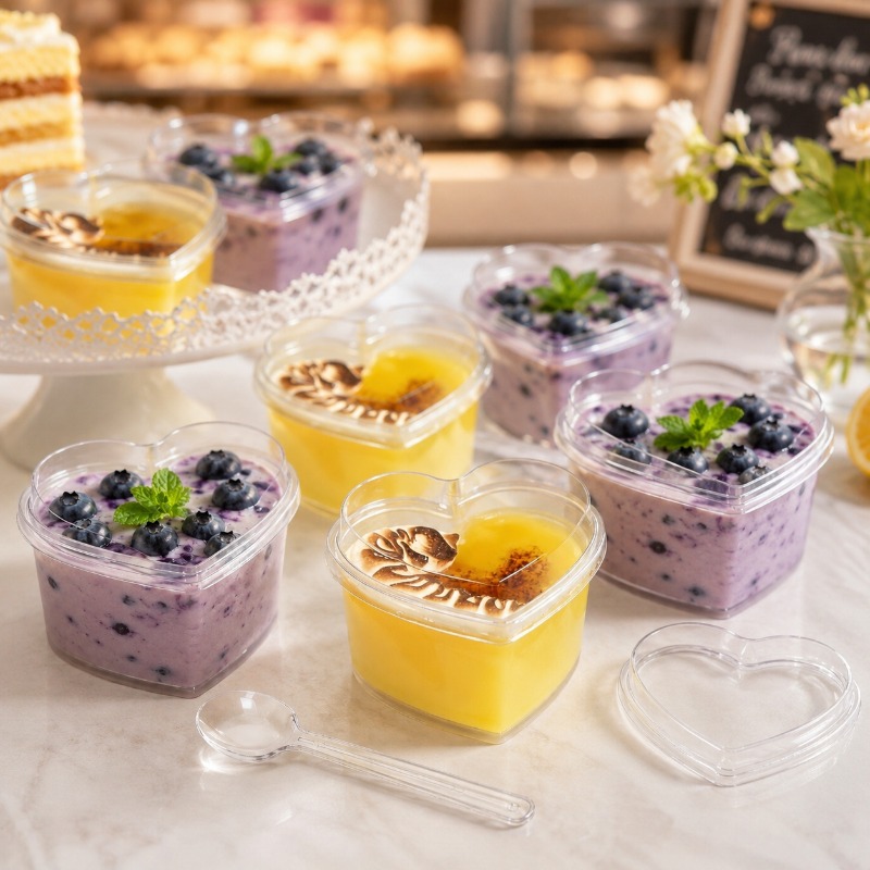 Herzförmige Mini-Dessertbecher mit Deckeln Löffeln, 33-tlg. (11 Becher + 11 Deckel + 11 Löffel)