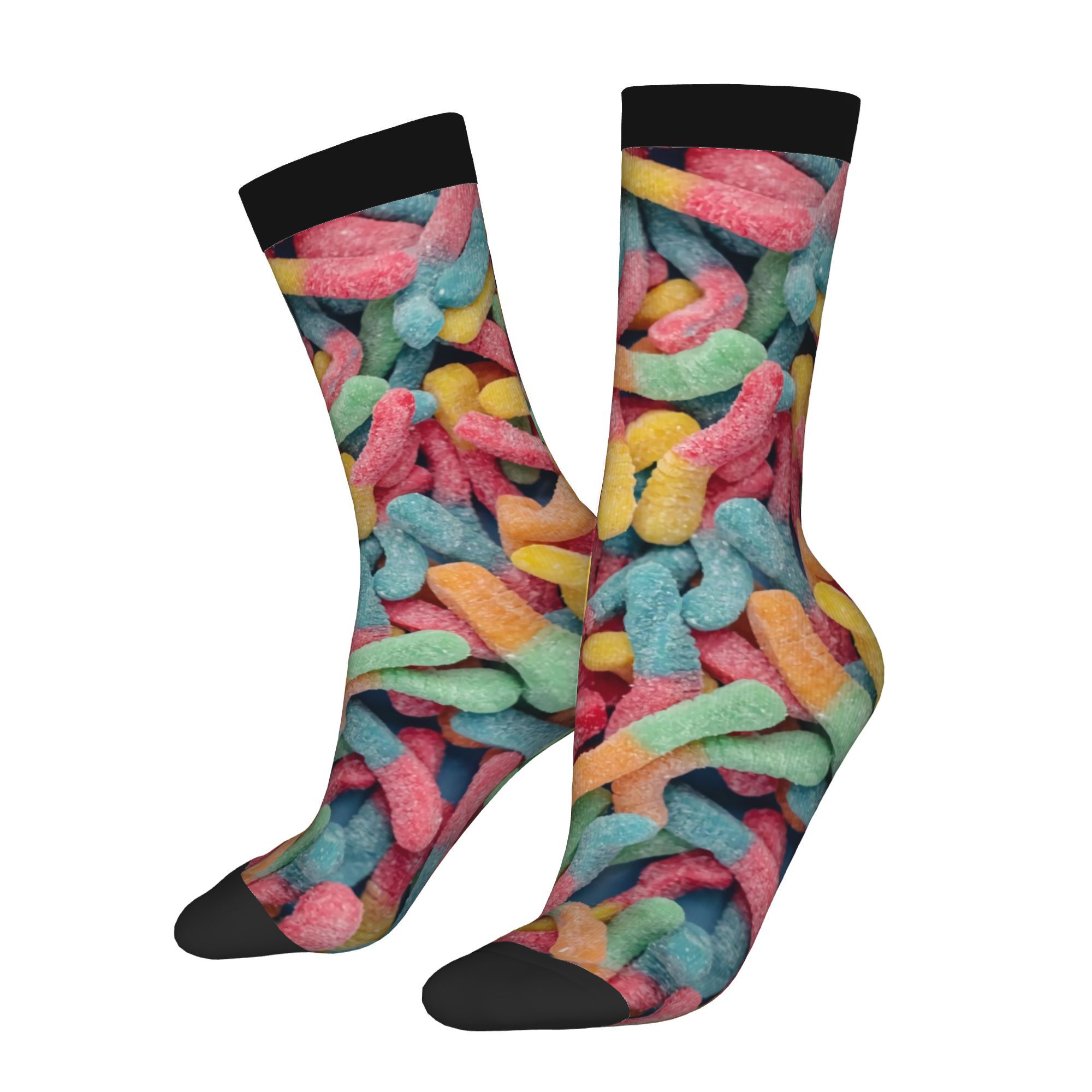 TEMU Chaussettes fantaisie pour homme à motif imprimé 2D de vers en gelée acidulés fluo, chaussettes mi-hautes pour sports de et usage , et idéal