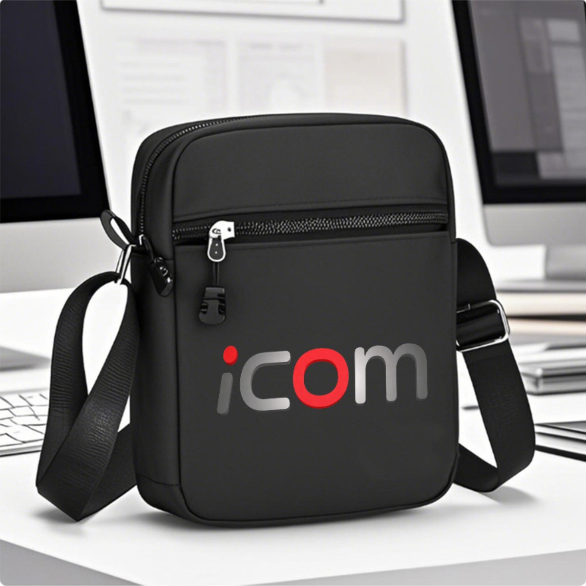 TEMU 1pc Ham Radio Crossbody Bag With Adjustable Strap & Zipper Closure - Lightweight, Black With Red Accent Logo - For Ham Radio Equipment, Daily