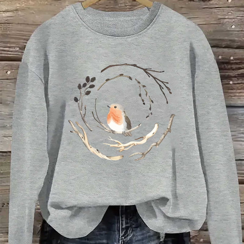 

Women's Casual Crew Neck Sweatshirt With Cute Bird Print - Soft Polyester, Machine Washable, Long Sleeve Pullover For Fall & Spring - Cozy Knit Fabric, Non-transparent, Animal Design