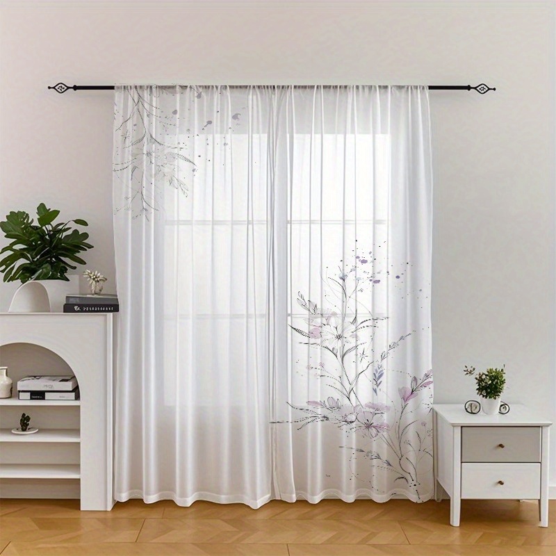 TEMU 2pcs Light Filtering Sheer Curtains With Floral Pattern - 100% Polyester Rod Pocket Window Drapes For Bedroom, Living Room, Kitchen, Balcony -