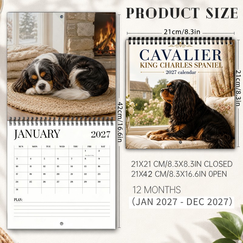 TEMU Calendrier mural 2027 King Charles Spaniel Country Life - noir reposant devant une fenêtre de chalet, chaumières, , relié avec papier épais et