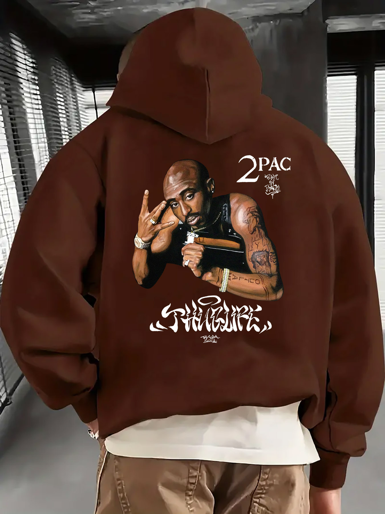 Men'S Casual Hoodie Featuring a "2Pac Rap Hand-Drawn" Print on The Back, Long-Sleeve Pullover with a Front Pocket, Machine Washable, Warm Sweater for Autumn And Winter, Everyday Pullover, Durable Patterned Sweatshirt. - Image 6